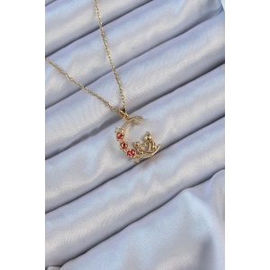 Erb 316L Çelik Zincir Altın Renk Kırmızı Gül Detay Kedi Figür Zirkon Taşlı Ay Kolye