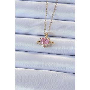 Erb 316L Çelik Zincir Altın Renk Pembe Zirkon Taşlı Satürn Görünümlü Kalp Kolye