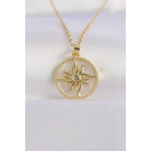 Erb 316L Çelik Zincir Altın Renk Zirkon Taşlı Oval Tasarım Güneş Kolye