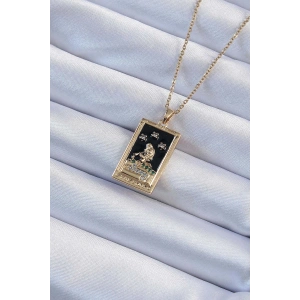 Erb 316L Çelik Zincir Altın Renk Zirkon Taşlı Siyah Mineli Kız Figürlü Tarot Kolye