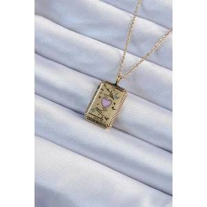 Erb 316L Çelik Zincir Eskitme Altın Renk Pembe Mineli Kalp Figürlü Tarot Kolye