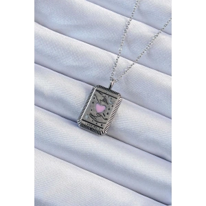Erb 316L Çelik Zincir Eskitme Gümüş Renk Pembe Mineli Kalp Figürlü Tarot Kolye