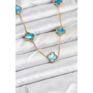 Erb 316L Çelik Zincir Gold Buz Mavisi Renk Yonca Kolye