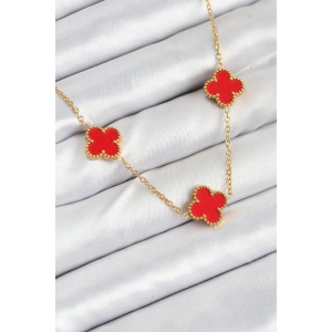 Erb 316L Çelik Zincir Gold Kırmızı Renk Yonca Kadın Kolye