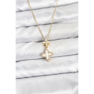 Erb 316L Çelik Zincir Gold Renk 4 Yapraklı Yonca Model Zirkon Taşlı Kadın Kolye