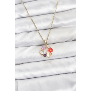 Erb 316L Çelik Zincir Gold Renk Çiçekli Kedili Model Kadın Kolye