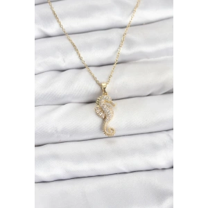Erb 316L Çelik Zincir Gold Renk Deniz Atı Model Zirkon Taşlı Kadın Kolye