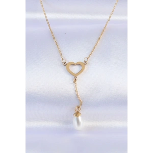 Erb 316L Çelik Zincir Gold Renk İnci Taş Detay Kalp Kolye