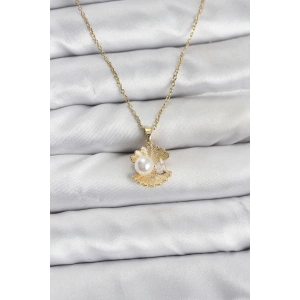 Erb 316L Çelik Zincir Gold Renk İstiridye İnci Model Zirkon Taşlı Kadın Kolye