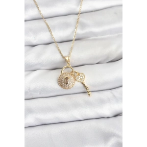 Erb 316L Çelik Zincir Gold Renk Kilit Anahtar Model Zirkon Taşlı Kadın Kolye
