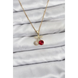 Erb 316L Çelik Zincir Gold Renk Kiraz Model Zirkon Taşlı Kadın Kolye