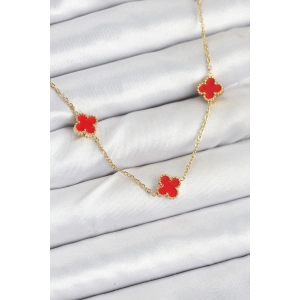 Erb 316L Çelik Zincir Gold Renk Kırmızı Baby Boy Yonca Kadın Kolye