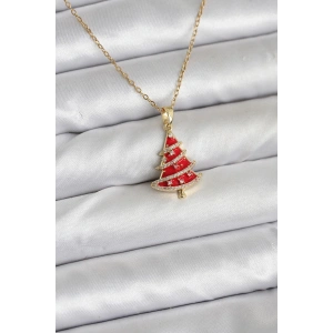 Erb 316L Çelik Zincir Gold Renk Kırmızı Çam Ağacı Model Yılbaşı Temalı Kadın Kolye