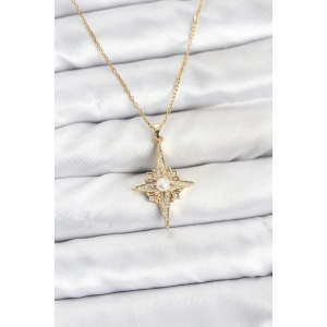 Erb 316L Çelik Zincir Gold Renk Kutup Yıldızı Model Zirkon Taşlı Kadın Kolye