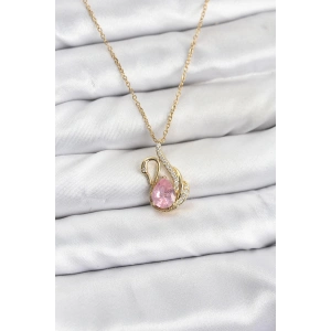 Erb 316L Çelik Zincir Gold Renk Pembe Kuğu Model Zirkon Taşlı Kadın Kolye