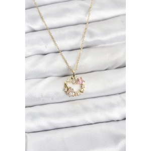 Erb 316L Çelik Zincir Gold Renk Pembe Taş Detaylı Çelenk Model Kadın Kolye