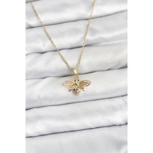 Erb 316L Çelik Zincir Gold Renk Sinek Model Zirkon Taşlı Kadın Kolye
