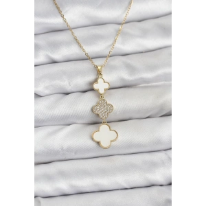 Erb 316L Çelik Zincir Gold Renk Yonca Detaylı Zirkon Taşlı Kadın Kolye