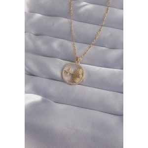 Erb 316L Çelik Zincir Gold Renk Zirkon Taşlı Yıldız Figürlü Oval Kolye