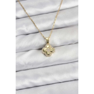 Erb 316L Çelik Zincir Gold Renk Zirkon Taşlı Yonca Model Kadın Kolye