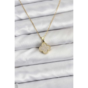 Erb 316L Çelik Zincir Gold Renk Zirkon Taşlı Yonca Model Kadın Kolye