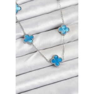 Erb 316L Çelik Zincir Gümüş Buz Mavisi Renk Yonca Kadın Kolye