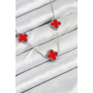 Erb 316L Çelik Zincir Gümüş Kırmızı Renk Yonca Kadın Kolye