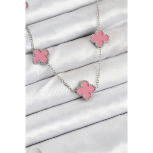 Erb 316L Çelik Zincir Gümüş Pembe Renk Yonca Kadın Kolye