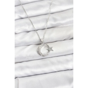Erb 316L Çelik Zincir Gümüş Renk Ay Yıldız Model Zirkon Taşlı Kadın Kolye