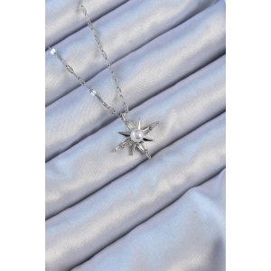 Erb 316L Çelik Zincir Gümüş Renk Baget Taşlı İnci Detay Kutup Yıldızı Kolye