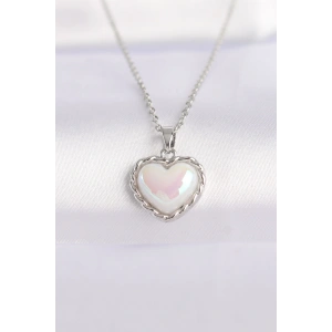 Erb 316L Çelik Zincir Gümüş Renk Beyaz Taşlı Bombeli Kalp Kolye