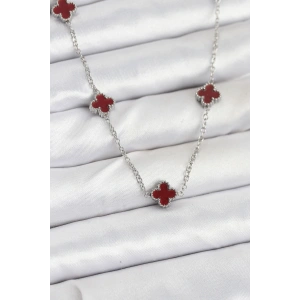 Erb 316L Çelik Zincir Gümüş Renk Bordo Baby Boy Yonca Kadın Kolye