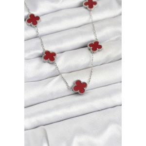 Erb 316L Çelik Zincir Gümüş Renk Bordo Renk Yonca Kadın Kolye