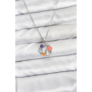 Erb 316L Çelik Zincir Gümüş Renk Çiçekli Kedili Model Kadın Kolye