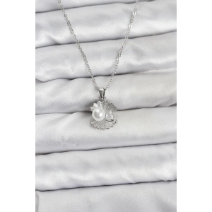 Erb 316L Çelik Zincir Gümüş Renk İstiridye İnci Model Zirkon Taşlı Kadın Kolye