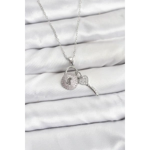 Erb 316L Çelik Zincir Gümüş Renk Kilit Anahtar Model Zirkon Taşlı Kadın Kolye