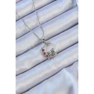 Erb 316L Çelik Zincir Gümüş Renk Kırmızı Gül Detay Kedi Figür Zirkon Taşlı Ay Kolye