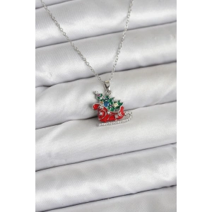 Erb 316L Çelik Zincir Gümüş Renk Kızak Ve Çam Ağacı Figürlü Yılbaşı Temalı Kadın Kolye