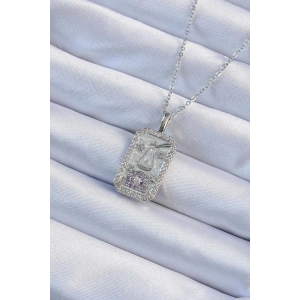 Erb 316L Çelik Zincir Gümüş Renk Lila Zirkon Taşlı Tarot Kolye