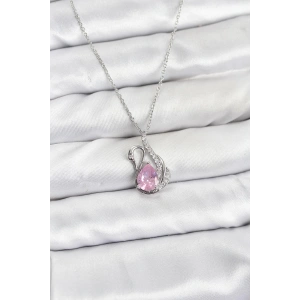 Erb 316L Çelik Zincir Gümüş Renk Pembe Kuğu Model Zirkon Taşlı Kadın Kolye