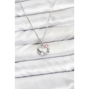 Erb 316L Çelik Zincir Gümüş Renk Pembe Taş Detaylı Çelenk Model Kadın Kolye