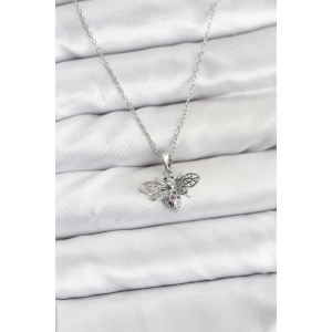 Erb 316L Çelik Zincir Gümüş Renk Sinek Model Zirkon Taşlı Kadın Kolye