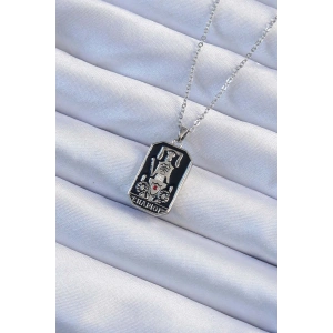 Erb 316L Çelik Zincir Gümüş Renk Siyah Mineli Tarot Kolye