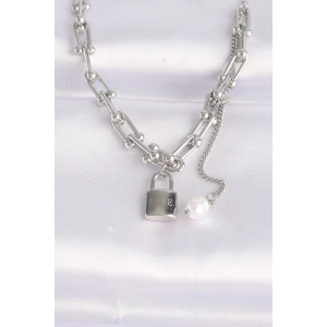 Erb 316L Çelik Zincir Gümüş Renk Zincirli Love Yazılı Kilit Kolye