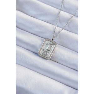 Erb 316L Çelik Zincir Gümüş Renk Zirkon Taşlı Çerçeveli Tarot Kolye