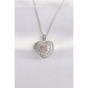 Erb 316L Çelik Zincir Gümüş Renk Zirkon Taşlı Kalp Kolye