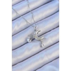 Erb 316L Çelik Zincir Gümüş Renk Zirkon Taşlı Kelebekli Mineli Ay Kolye