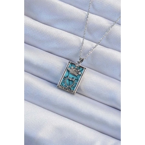 Erb 316L Çelik Zincir Gümüş Renk Zirkon Taşlı Mavi Mermer Desenli Taç Model Tarot Kolye