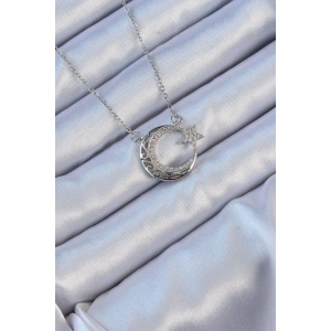 Erb 316L Çelik Zincir Gümüş Renk Zirkon Taşlı Motifli Ay Yıldız Kolye