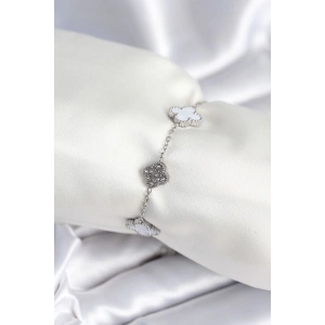 Erb 316L Çelik Zincir Gümüş Renk Zirkon Taşlı Yonca Beyaz Kadın Bileklik